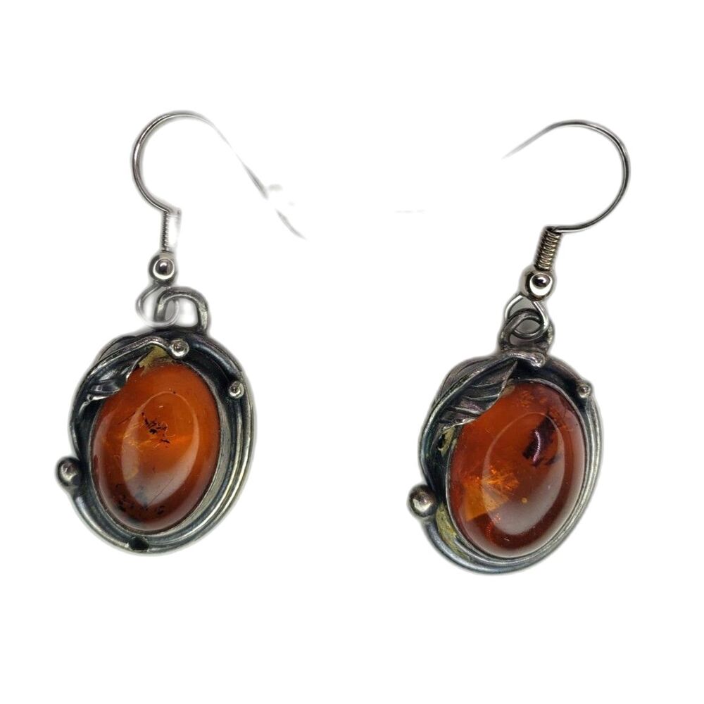 Art Nouveau Baltic Amber Earrings 925 Sterling Silver Dangles VTG 70s 7.9gr